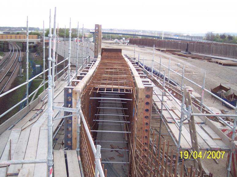 Formwork being set up to the top section of the wingwall
