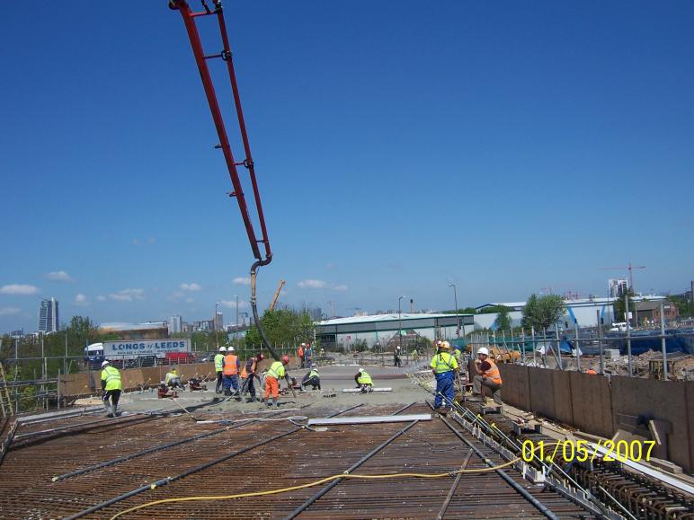 Concrete being placed to the bridge Deck